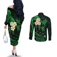 Hawaii Couples Off The Shoulder Long Sleeve Dress and Long Sleeve Button Shirts Lanai Islands Polynesian Sunset Plumeria Green Vibe LT9 - Polynesian Pride