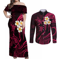 Hawaii Couples Off Shoulder Maxi Dress and Long Sleeve Button Shirts Lanai Islands Polynesian Sunset Plumeria Pink Vibe LT9 Pink - Polynesian Pride