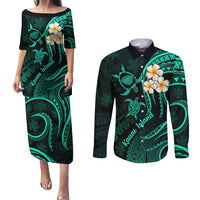 Polynesian Hawaii Couples Puletasi Dress and Long Sleeve Button Shirts Kauai Islands with Pacific Plumeria Turquoise Vibe LT9 Turquoise - Polynesian Pride