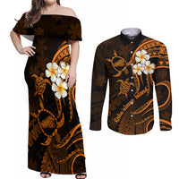 Hawaii Couples Off Shoulder Maxi Dress and Long Sleeve Button Shirts Kahoolawe Islands Polynesian Sunset Plumeria Gold Vibe LT9 Gold - Polynesian Pride