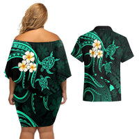Polynesian Hawaii Couples Off Shoulder Short Dress and Hawaiian Shirt Kahoolawe Islands with Pacific Plumeria Turquoise Vibe LT9 - Polynesian Pride