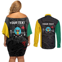 Personalised PNG Hela Province Couples Matching Off Shoulder Short Dress and Long Sleeve Button Shirt Bird of Paradise Tattoo Flag Motif LT9 - Polynesian Pride