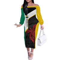 Personalised PNG Hela Province Family Matching Off The Shoulder Long Sleeve Dress and Hawaiian Shirt Bird of Paradise Tattoo Flag Motif LT9 Mom's Dress Yellow - Polynesian Pride
