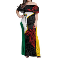 Personalised PNG Hela Province Off Shoulder Maxi Dress Bird of Paradise Tattoo Flag Motif LT9 Women Yellow - Polynesian Pride