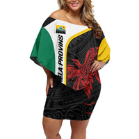 Personalised PNG Hela Province Off Shoulder Short Dress Bird of Paradise Tattoo Flag Motif LT9 Women Yellow - Polynesian Pride