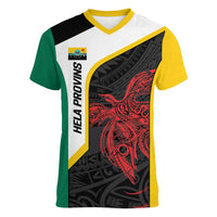 Personalised PNG Hela Province Women V-Neck T-Shirt Bird of Paradise Tattoo Flag Motif LT9 Female Yellow - Polynesian Pride