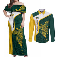 Personalised PNG Jiwaka Province Couples Matching Off Shoulder Maxi Dress and Long Sleeve Button Shirt Bird of Paradise Tattoo Flag Motif LT9 Green - Polynesian Pride