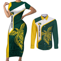 Personalised PNG Jiwaka Province Couples Matching Short Sleeve Bodycon Dress and Long Sleeve Button Shirt Bird of Paradise Tattoo Flag Motif LT9 Green - Polynesian Pride