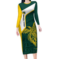 Personalised PNG Jiwaka Province Family Matching Long Sleeve Bodycon Dress and Hawaiian Shirt Bird of Paradise Tattoo Flag Motif LT9 Mom's Dress Green - Polynesian Pride