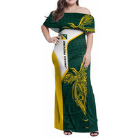 Personalised PNG Jiwaka Province Family Matching Off Shoulder Maxi Dress and Hawaiian Shirt Bird of Paradise Tattoo Flag Motif LT9 Mom's Dress Green - Polynesian Pride