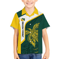 Personalised PNG Jiwaka Province Family Matching Off Shoulder Short Dress and Hawaiian Shirt Bird of Paradise Tattoo Flag Motif LT9 Son's Shirt Green - Polynesian Pride