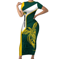 Personalised PNG Jiwaka Province Short Sleeve Bodycon Dress Bird of Paradise Tattoo Flag Motif LT9 Long Dress Green - Polynesian Pride