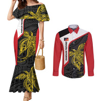Personalised PNG Sandaun Province Couples Matching Mermaid Dress and Long Sleeve Button Shirt Bird of Paradise Tattoo Flag Motif LT9 Red - Polynesian Pride