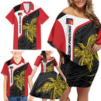 Personalised PNG Sandaun Province Family Matching Off Shoulder Short Dress and Hawaiian Shirt Bird of Paradise Tattoo Flag Motif LT9 - Polynesian Pride