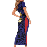 Personalised PNG West New Britain Province Short Sleeve Bodycon Dress Bird of Paradise Tattoo Flag Motif LT9 - Polynesian Pride
