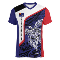 Personalised PNG West New Britain Province Women V-Neck T-Shirt Bird of Paradise Tattoo Flag Motif LT9 Female Blue - Polynesian Pride