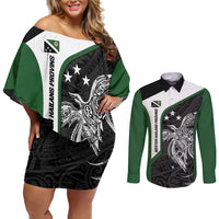 Personalised PNG Western Highlands Province Couples Matching Off Shoulder Short Dress and Long Sleeve Button Shirt Bird of Paradise Tattoo Flag Motif LT9 Green - Polynesian Pride