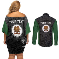 Personalised PNG Western Highlands Province Couples Matching Off Shoulder Short Dress and Long Sleeve Button Shirt Bird of Paradise Tattoo Flag Motif LT9 - Polynesian Pride
