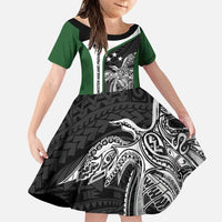 Personalised PNG Western Highlands Province Family Matching Puletasi and Hawaiian Shirt Bird of Paradise Tattoo Flag Motif LT9 Daughter's Dress Green - Polynesian Pride