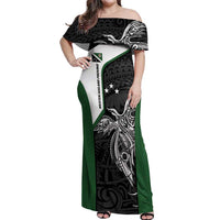 Personalised PNG Western Highlands Province Off Shoulder Maxi Dress Bird of Paradise Tattoo Flag Motif LT9 Women Green - Polynesian Pride