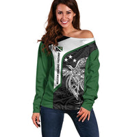 Personalised PNG Western Highlands Province Off Shoulder Sweater Bird of Paradise Tattoo Flag Motif LT9 Women Green - Polynesian Pride