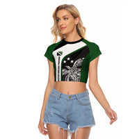 Personalised PNG Western Highlands Province Raglan Cropped T Shirt Bird of Paradise Tattoo Flag Motif LT9 Female Green - Polynesian Pride