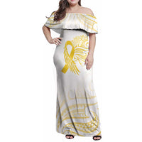 Be Bold Go Gold Polyneisan Ribbon Childhood Personalised Family Matching Off Shoulder Maxi Dress and Hawaiian Shirt LT9 Mom's Dress Gold - Polynesian Pride