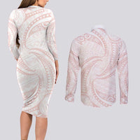 White Sunday Lotu Tamaiti Couples Matching Long Sleeve Bodycon Dress and Long Sleeve Button Shirt Polynesian Wave Pastel Blush LT9 - Polynesian Pride