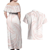 White Sunday Lotu Tamaiti Couples Matching Off Shoulder Maxi Dress and Hawaiian Shirt Polynesian Wave Pastel Blush LT9 - Polynesian Pride