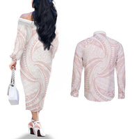 White Sunday Lotu Tamaiti Couples Matching Off The Shoulder Long Sleeve Dress and Long Sleeve Button Shirt Polynesian Wave Pastel Blush LT9 - Polynesian Pride