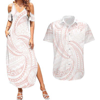 White Sunday Lotu Tamaiti Couples Matching Summer Maxi Dress and Hawaiian Shirt Polynesian Wave Pastel Blush LT9 Blush - Polynesian Pride