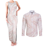 White Sunday Lotu Tamaiti Couples Matching Tank Maxi Dress and Long Sleeve Button Shirt Polynesian Wave Pastel Blush LT9 Blush - Polynesian Pride