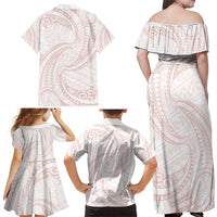 White Sunday Lotu Tamaiti Family Matching Off Shoulder Maxi Dress and Hawaiian Shirt Polynesian Wave Pastel Blush LT9 - Polynesian Pride