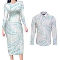 White Sunday Lotu Tamaiti Couples Matching Long Sleeve Bodycon Dress and Long Sleeve Button Shirt Polynesian Wave Pastel Cyan LT9 Cyan - Polynesian Pride