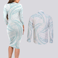 White Sunday Lotu Tamaiti Couples Matching Long Sleeve Bodycon Dress and Long Sleeve Button Shirt Polynesian Wave Pastel Cyan LT9 - Polynesian Pride