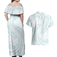 White Sunday Lotu Tamaiti Couples Matching Off Shoulder Maxi Dress and Hawaiian Shirt Polynesian Wave Pastel Cyan LT9 - Polynesian Pride