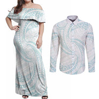 White Sunday Lotu Tamaiti Couples Matching Off Shoulder Maxi Dress and Long Sleeve Button Shirt Polynesian Wave Pastel Cyan LT9 Cyan - Polynesian Pride
