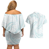 White Sunday Lotu Tamaiti Couples Matching Off Shoulder Short Dress and Hawaiian Shirt Polynesian Wave Pastel Cyan LT9 - Polynesian Pride