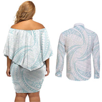 White Sunday Lotu Tamaiti Couples Matching Off Shoulder Short Dress and Long Sleeve Button Shirt Polynesian Wave Pastel Cyan LT9 - Polynesian Pride