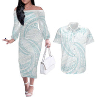 White Sunday Lotu Tamaiti Couples Matching Off The Shoulder Long Sleeve Dress and Hawaiian Shirt Polynesian Wave Pastel Cyan LT9 Cyan - Polynesian Pride