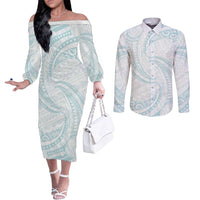 White Sunday Lotu Tamaiti Couples Matching Off The Shoulder Long Sleeve Dress and Long Sleeve Button Shirt Polynesian Wave Pastel Cyan LT9 Cyan - Polynesian Pride