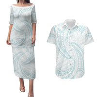White Sunday Lotu Tamaiti Couples Matching Puletasi and Hawaiian Shirt Polynesian Wave Pastel Cyan LT9 Cyan - Polynesian Pride