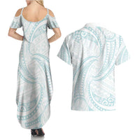 White Sunday Lotu Tamaiti Couples Matching Summer Maxi Dress and Hawaiian Shirt Polynesian Wave Pastel Cyan LT9 - Polynesian Pride