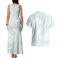 White Sunday Lotu Tamaiti Couples Matching Tank Maxi Dress and Hawaiian Shirt Polynesian Wave Pastel Cyan LT9 - Polynesian Pride