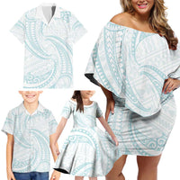 White Sunday Lotu Tamaiti Family Matching Off Shoulder Short Dress and Hawaiian Shirt Polynesian Wave Pastel Cyan LT9 - Polynesian Pride