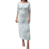 White Sunday Lotu Tamaiti Family Matching Puletasi and Hawaiian Shirt Polynesian Wave Pastel Cyan LT9 Mom's Dress Cyan - Polynesian Pride