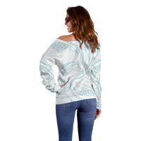 White Sunday Lotu Tamaiti Off Shoulder Sweater Polynesian Wave Pastel Cyan - Polynesian Pride