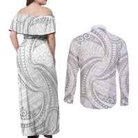 White Sunday Lotu Tamaiti Couples Matching Off Shoulder Maxi Dress and Long Sleeve Button Shirt Polynesian Wave Pastel Gray LT9 - Polynesian Pride