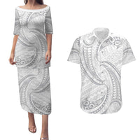 White Sunday Lotu Tamaiti Couples Matching Puletasi and Hawaiian Shirt Polynesian Wave Pastel Gray LT9 Gray - Polynesian Pride