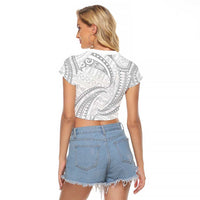 White Sunday Lotu Tamaiti Raglan Cropped T Shirt Polynesian Wave Pastel Gray - Polynesian Pride